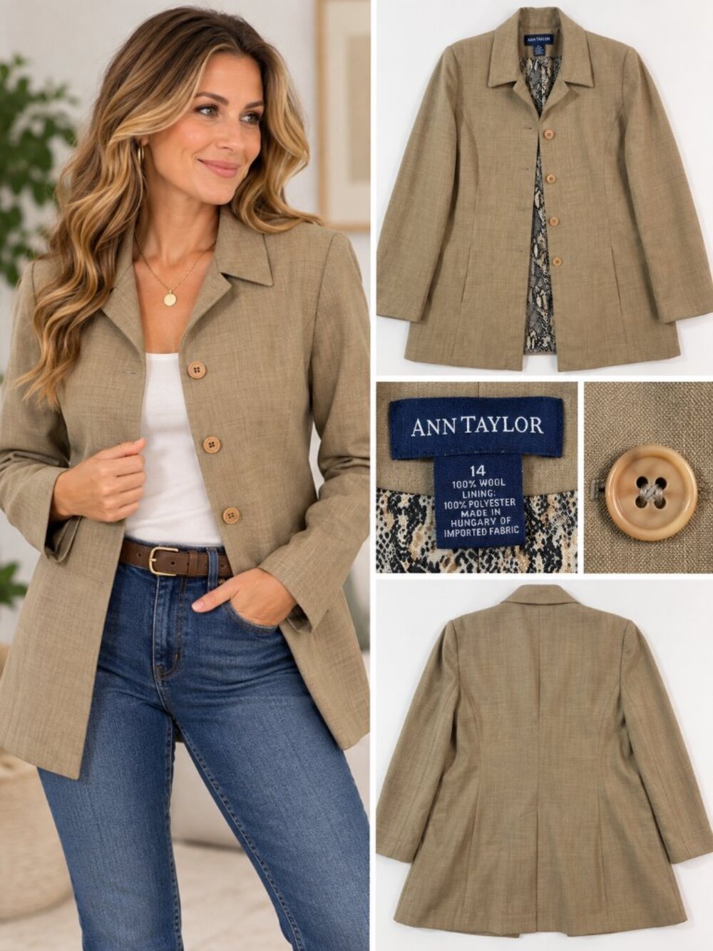 Ann Taylor 100% Wool Tan Blazer Animal Print Lining Size 14